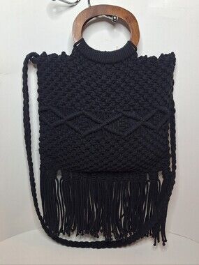 Danielle Nicole Black Macrame Crochet Handbag Wooden Round Handle W Fringe Boho